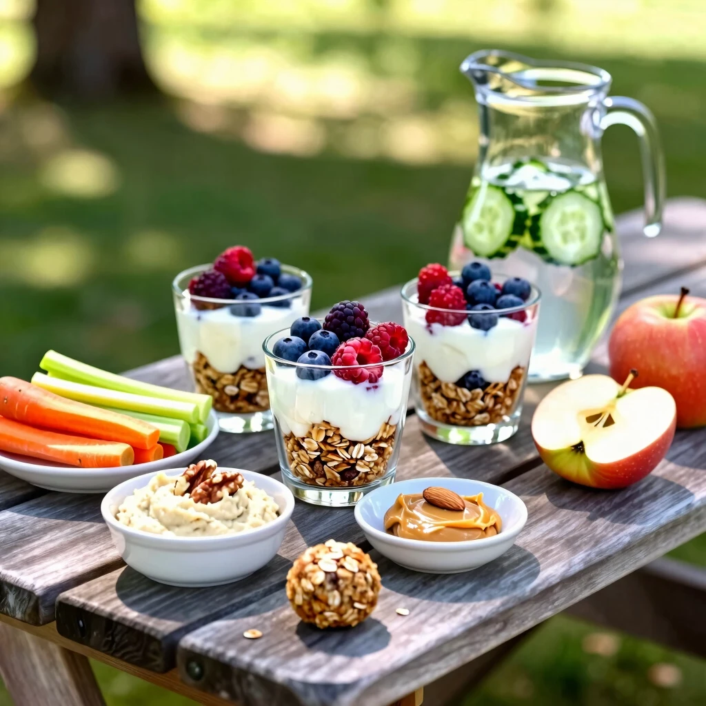 Assortment of healthy summer snacks for active families
