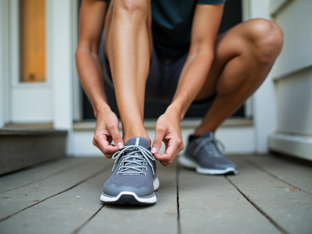 Beginner tying sneakers on a porch