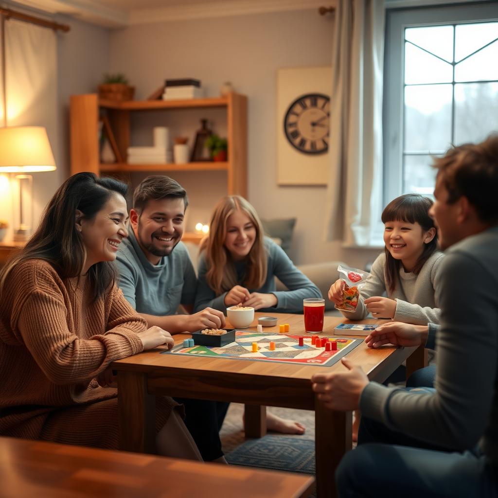 A family enjoys a fun board game night in a cozy living room.