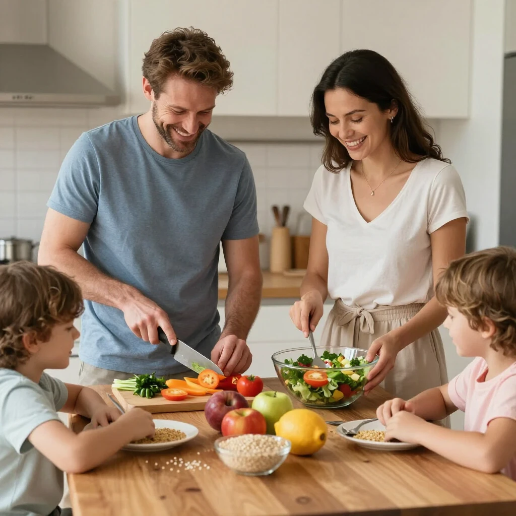 Family cooking healthy meal in kitchen