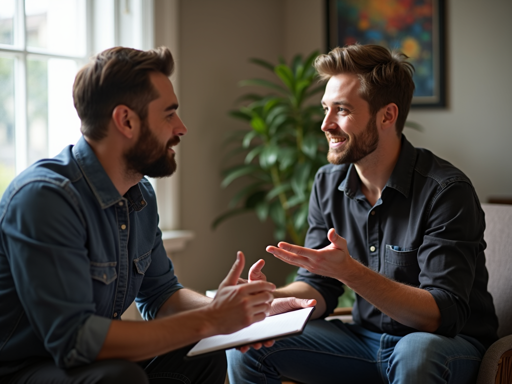 Therapist and man talking in an office
