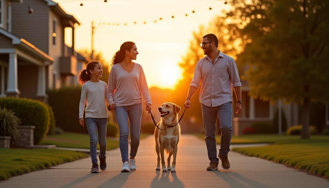 Family walking dog at sunset