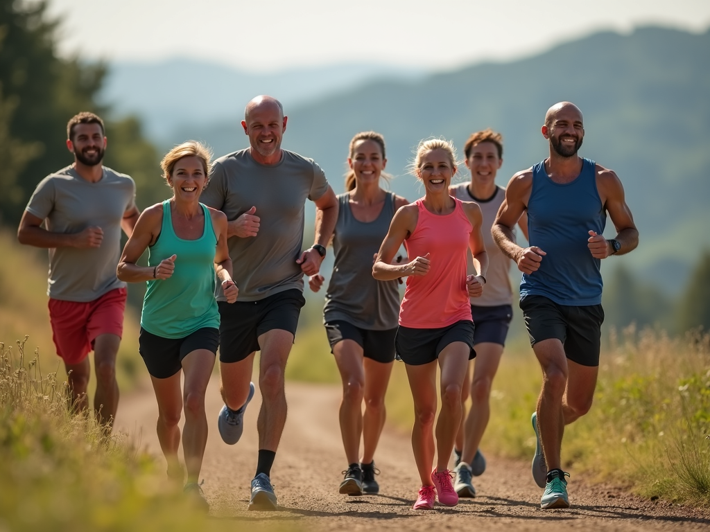 Group of runners training together on a beautiful trail.