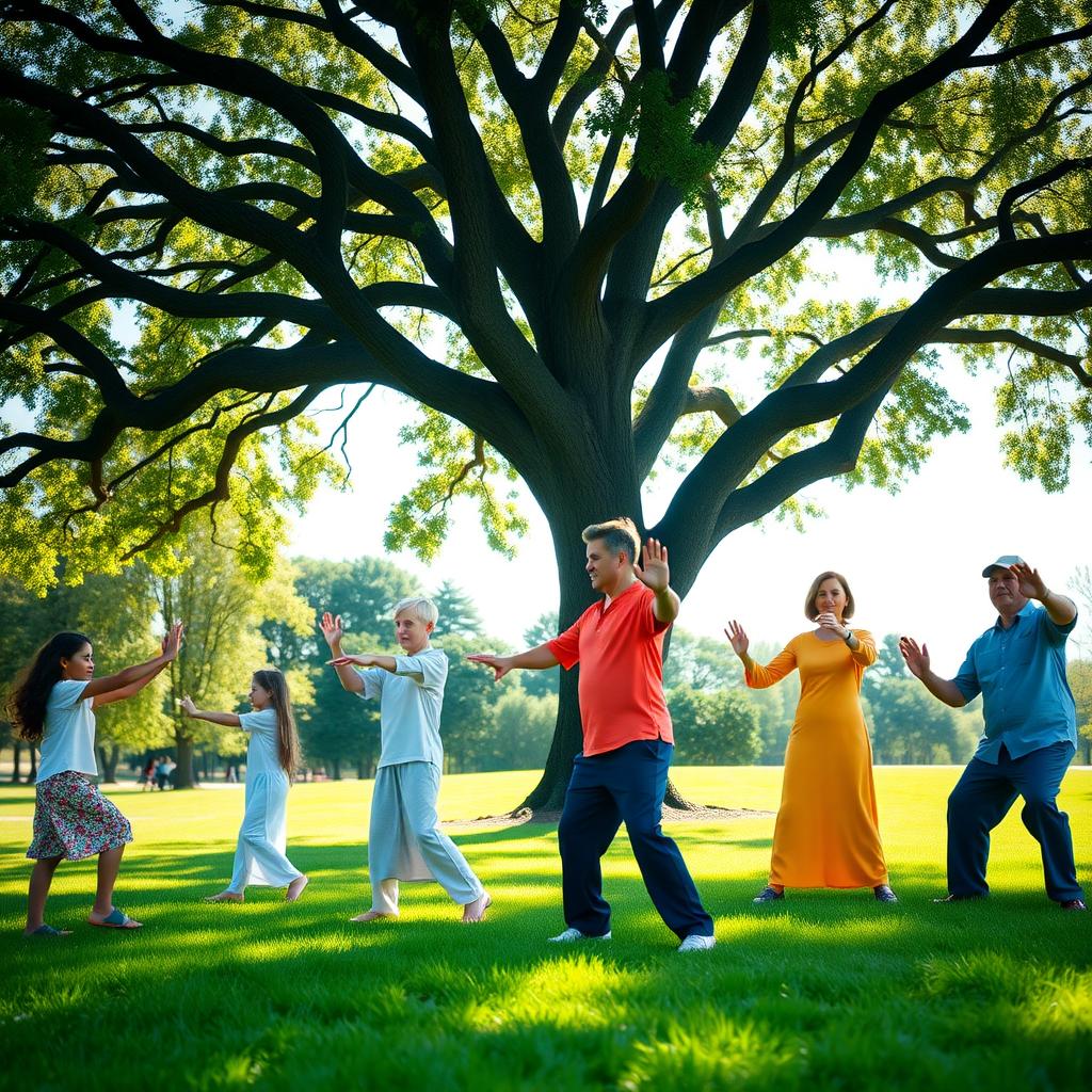 A diverse family practicing Tai Chi together in a peaceful park under a large oak tree, with sunlight filtering through the leaves.