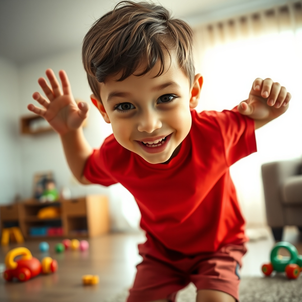 Young boy energetically doing jumping jacks at home