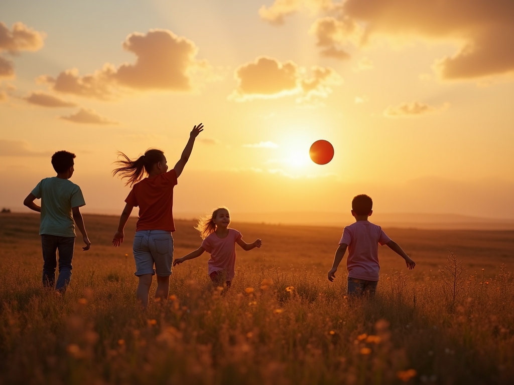 Family playing frisbee at sunset