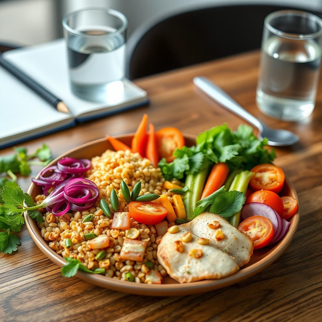 A colorful, healthy meal with gluten-free grains, vegetables, and lean protein on a wooden table, accompanied by a glass of water and a meal-planning notebook.