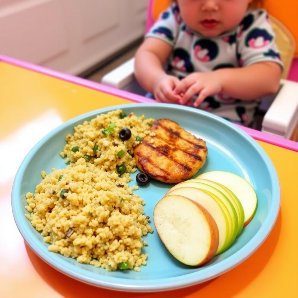 A child’s plate with a colorful meal of quinoa, apples, and chicken on a kitchen table.