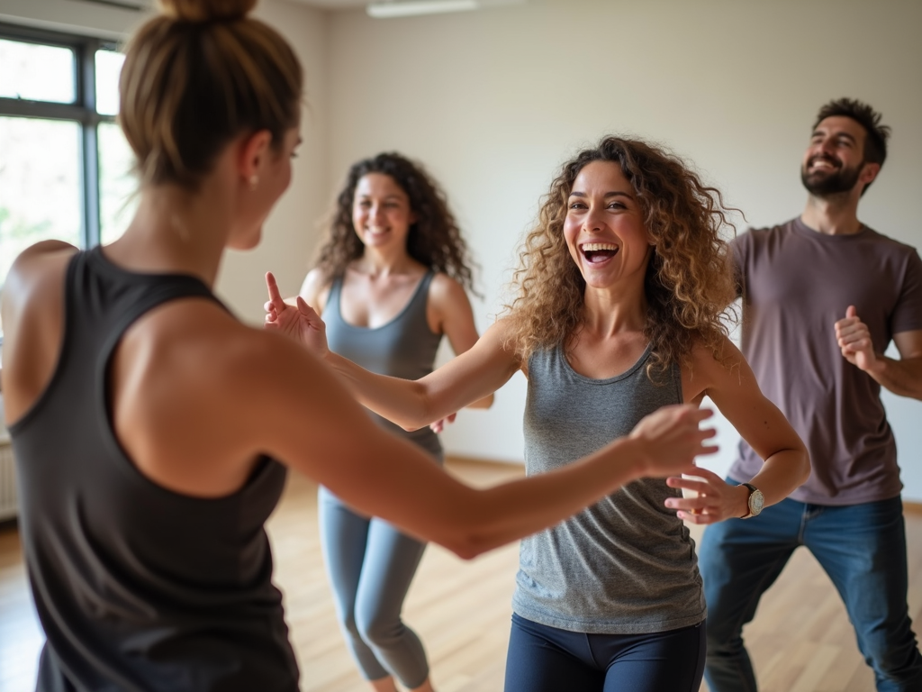 A family participating in a dance fitness class.