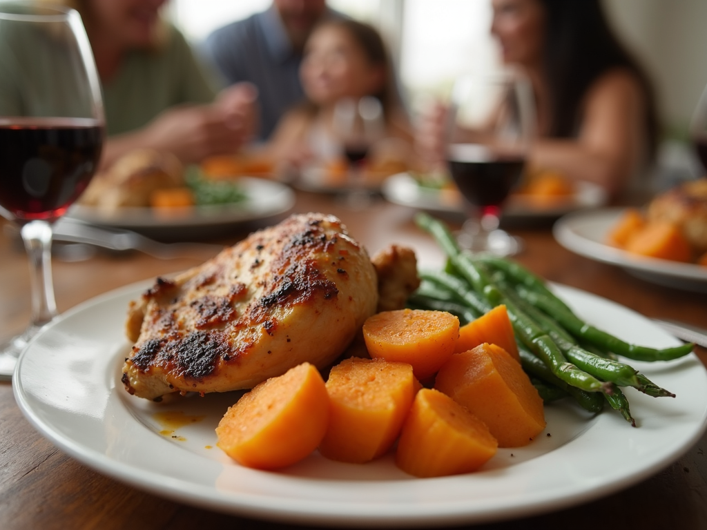 A delicious dinner of roasted chicken and vegetables, safe for the whole family.