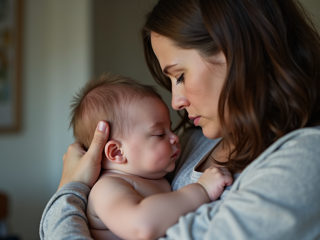 A worried mom holding her pale, lethargic baby after an FPIES reaction, seeking comfort.