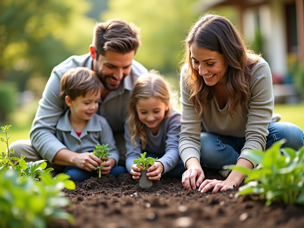 Family planting garden together