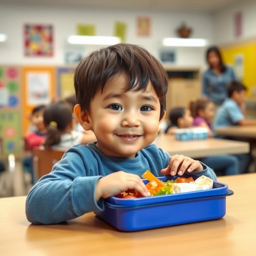 Child with FPIES eating a safe meal in a colorful school cafeteria