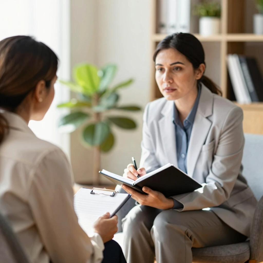 Therapist and client in a supportive CBT session discussing anxiety management strategies
