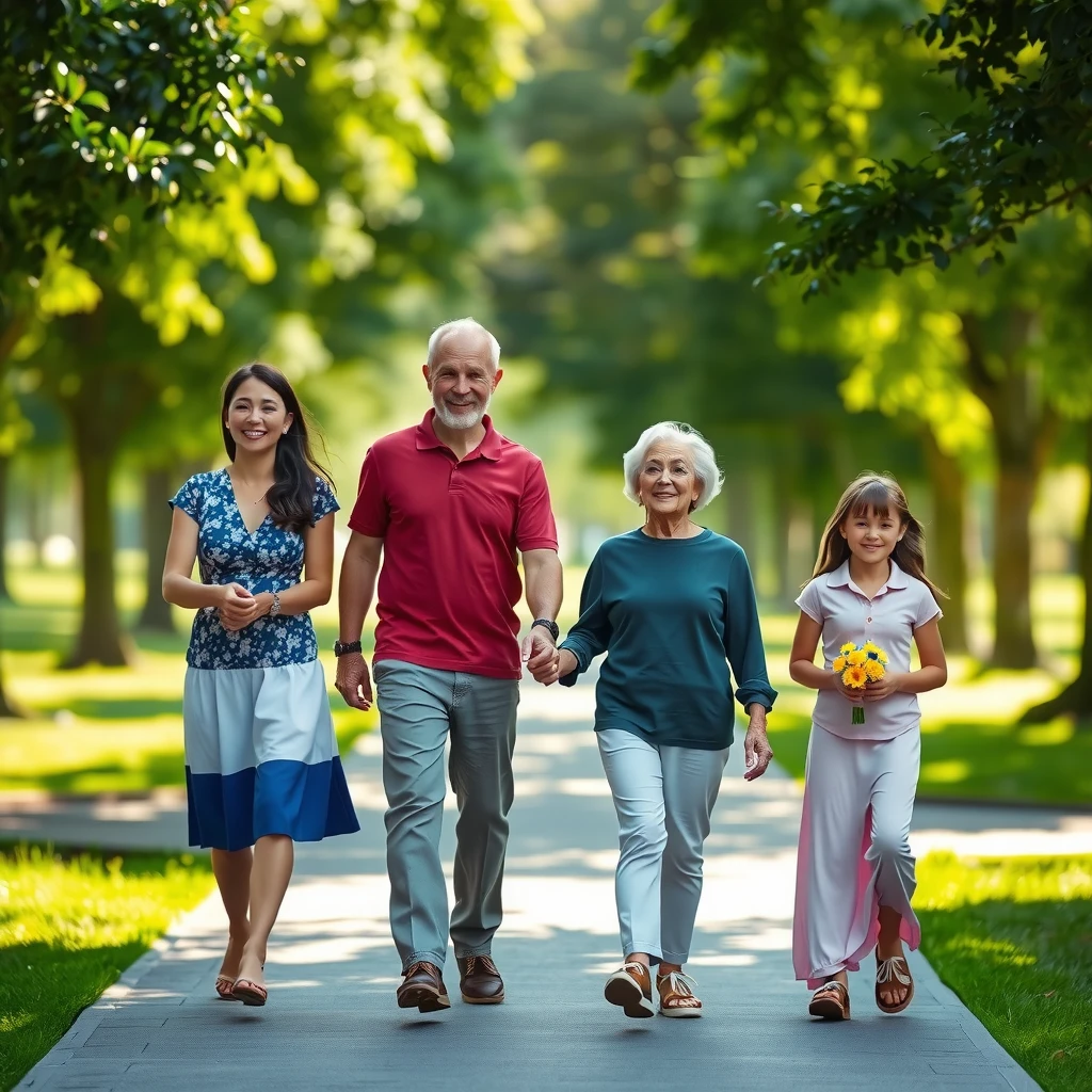 Happy family enjoying a walk in the park for mental wellness