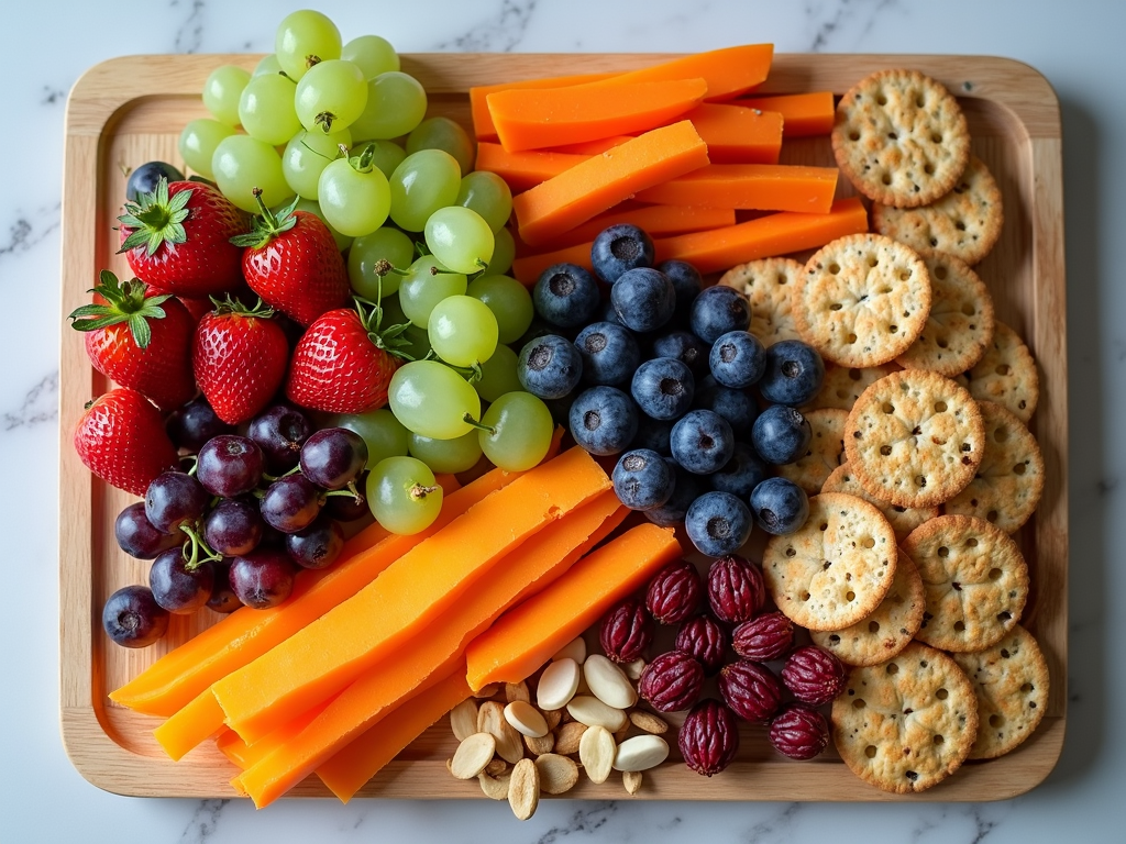 A platter of healthy snacks including fruits, vegetables, nuts, and crackers.