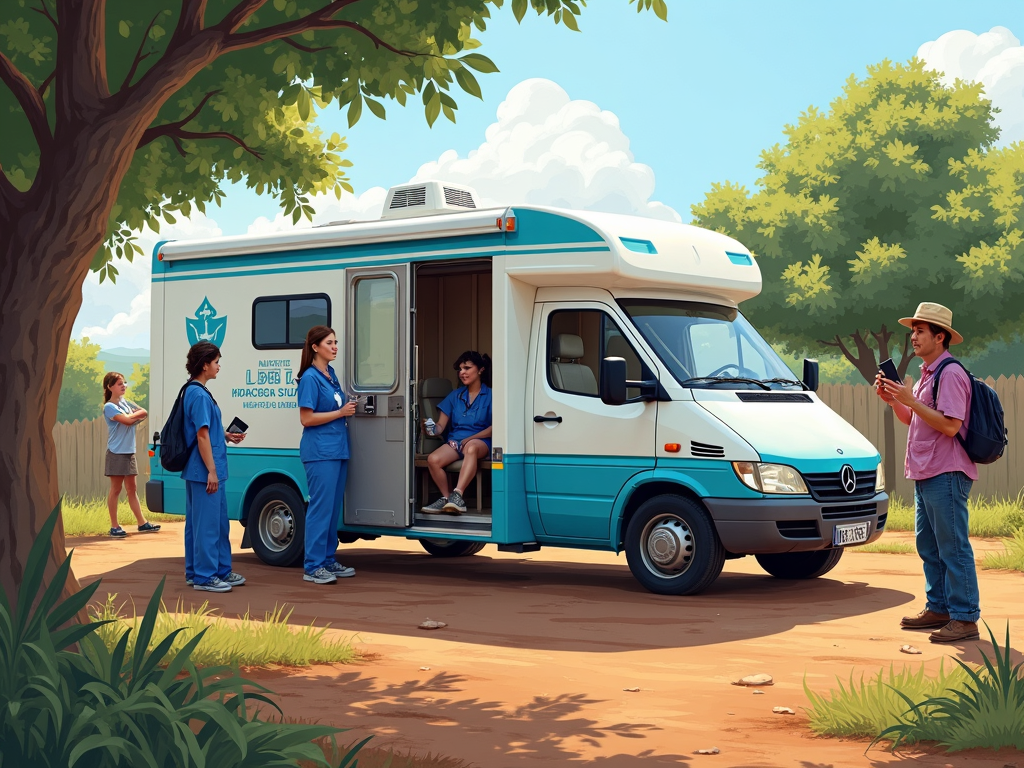 Mobile clinic van in a rural setting, offering healthcare services to the community.