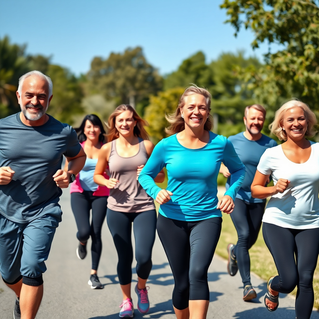 Group of adults jogging in a park to promote an active lifestyle