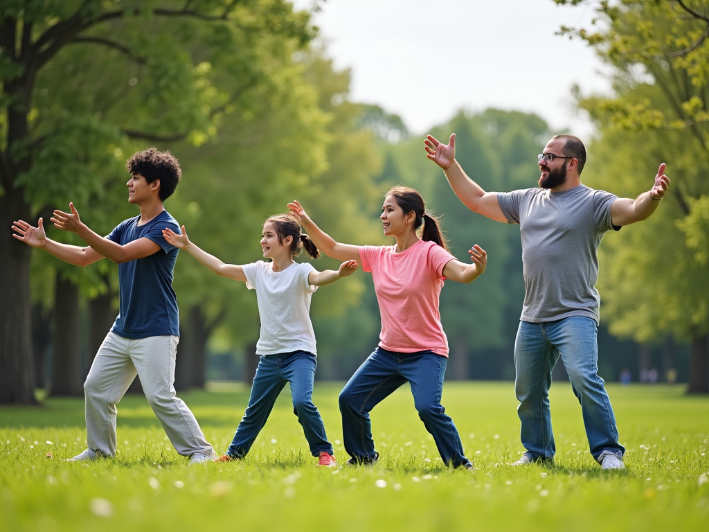 A family practicing tai chi together in a peaceful park.