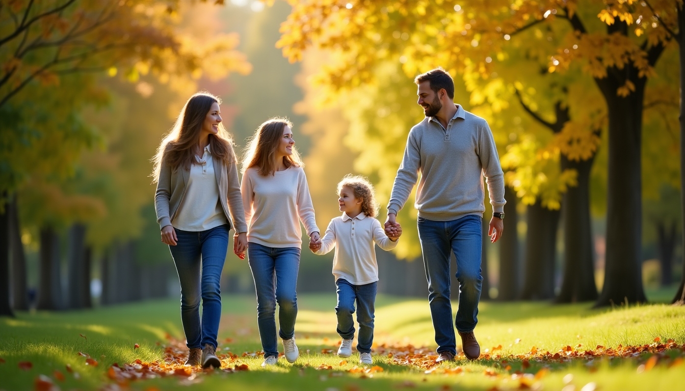 A family enjoying a nature walk, promoting wellness together.