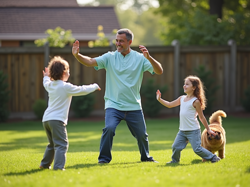 A family practicing tai chi together, enjoying a lighthearted moment.