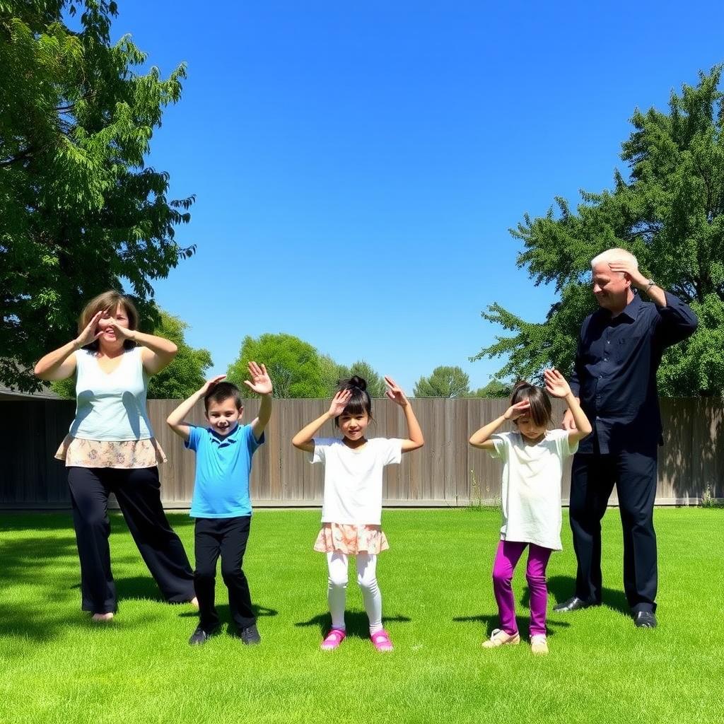 A family practices tai chi in a peaceful backyard, performing ‘Wave Hands Like Clouds’ under a clear blue sky with trees in the background.