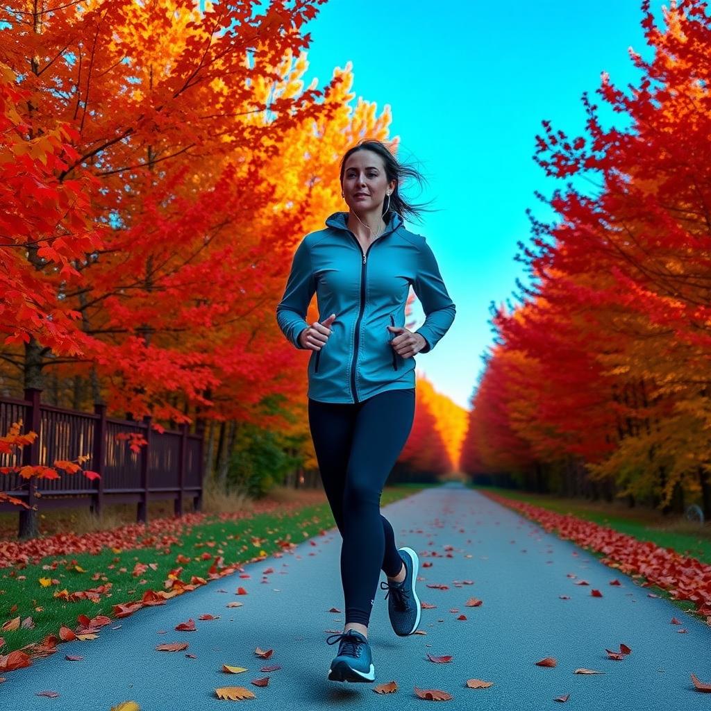 Person jogging on a fall trail with colorful trees and fallen leaves.