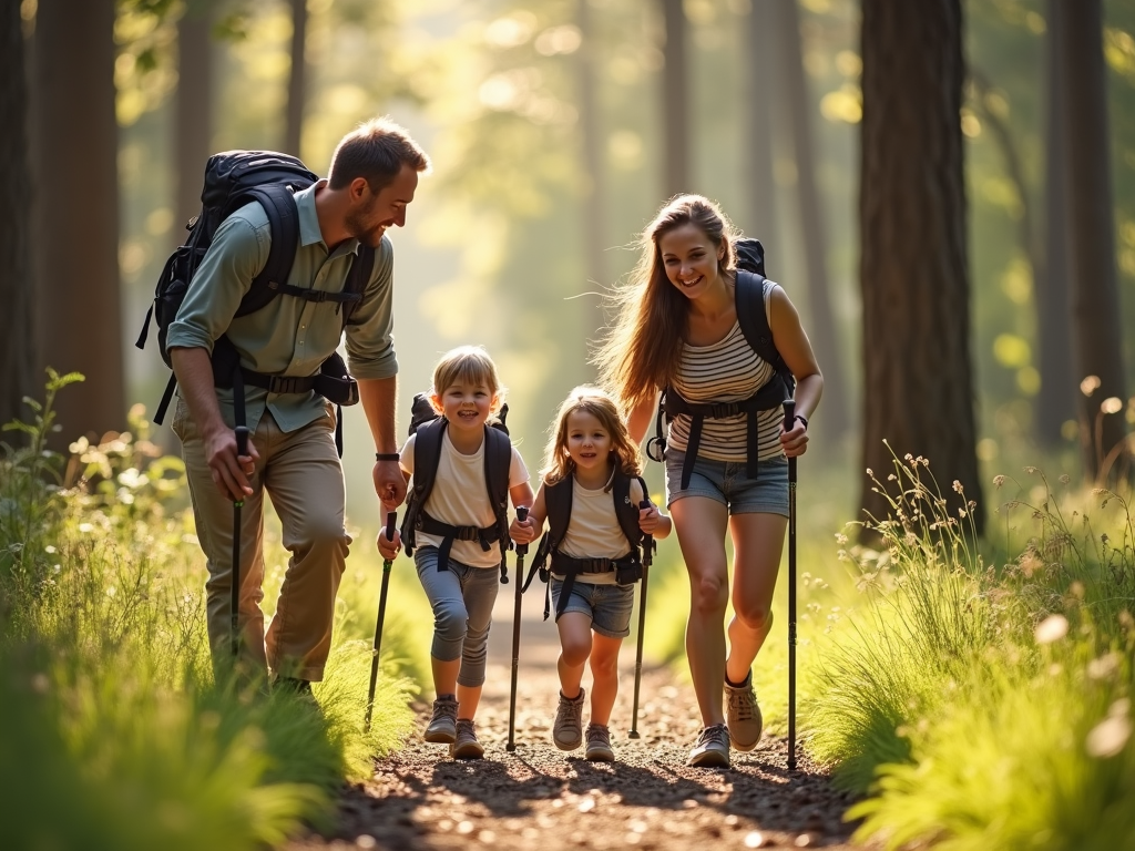 Family hiking together in a sunny forest