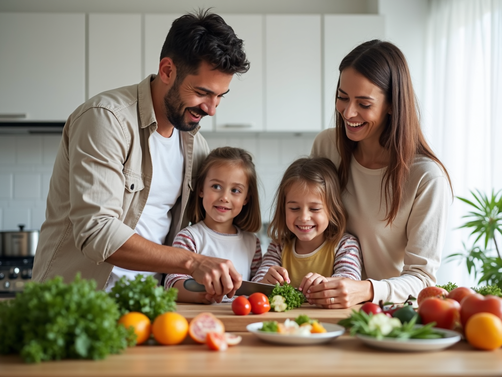 Family cooking healthy meal together