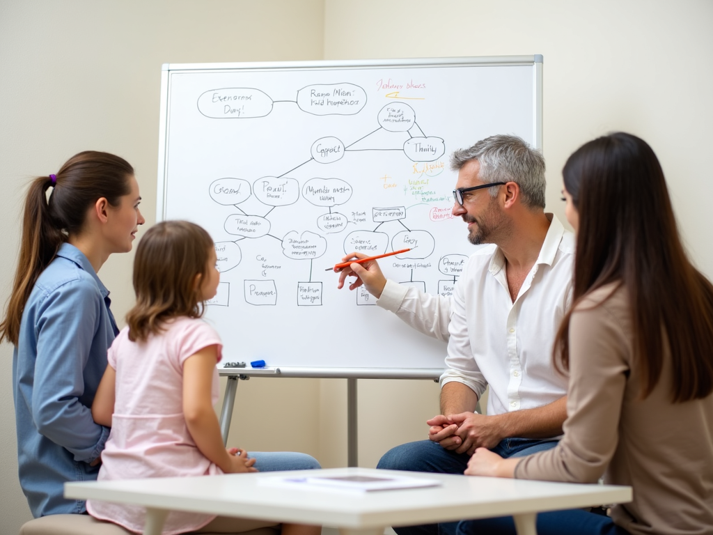 Family reviewing a genogram with therapist