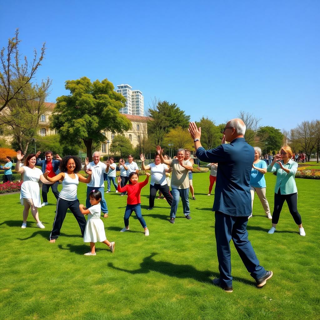 Diverse group practicing Tai Chi in a modern park