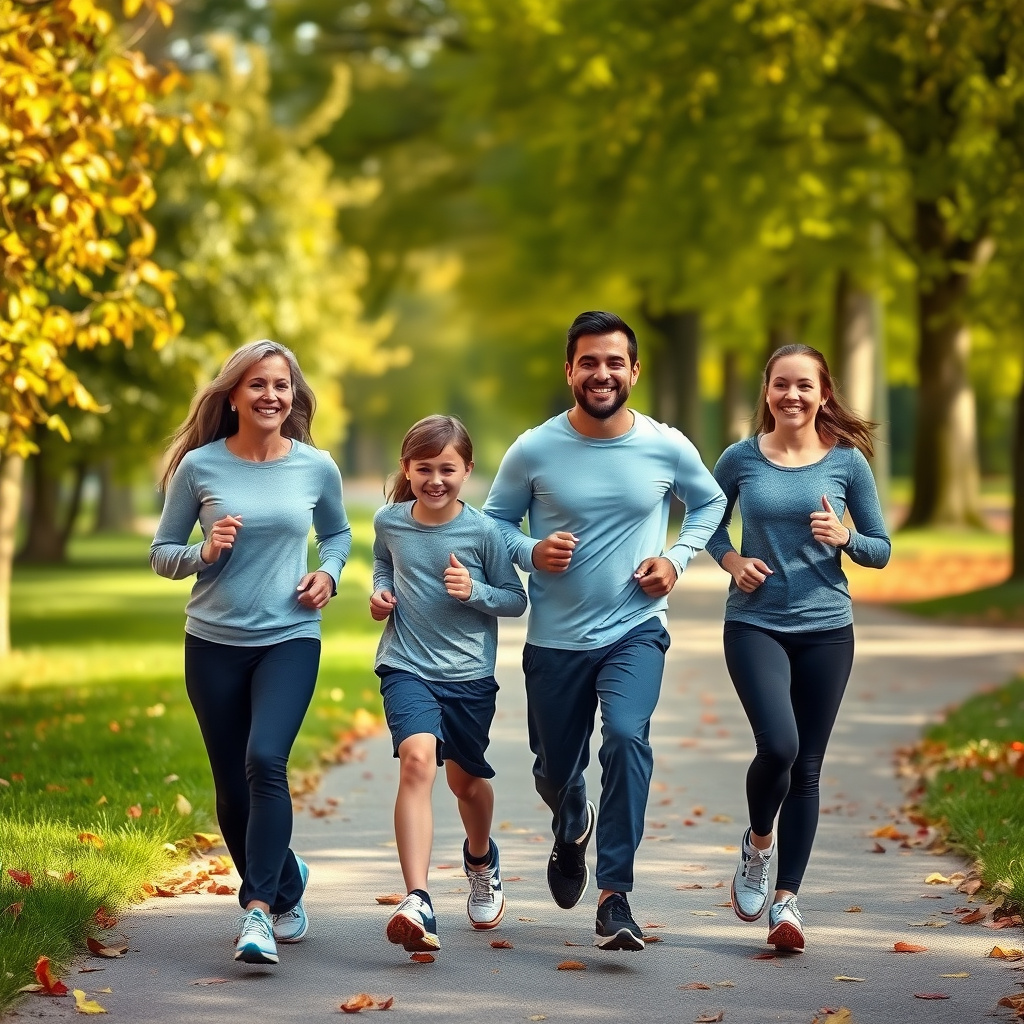 Family jogging together on a park trail for family fitness