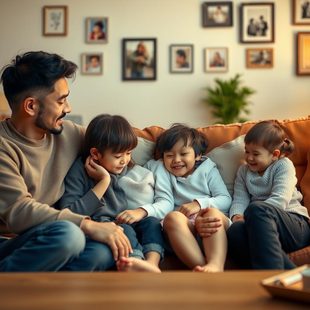 A family in a cozy living room, with a parent comforting an upset child while a sibling smiles supportively.