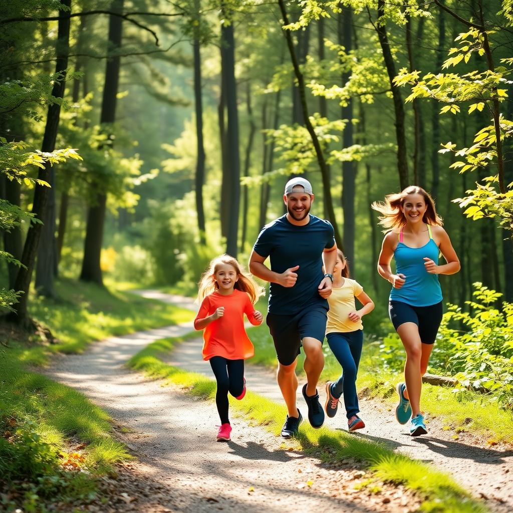 A family jogging on a forest trail, smiling and wearing colorful athletic gear.