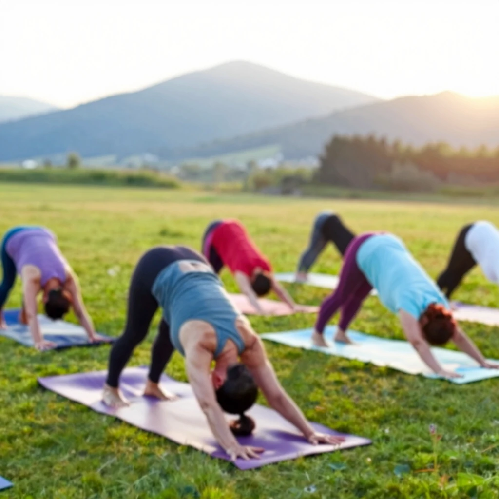 Group practicing yoga outdoors, highlighting physical activity for health and longevity