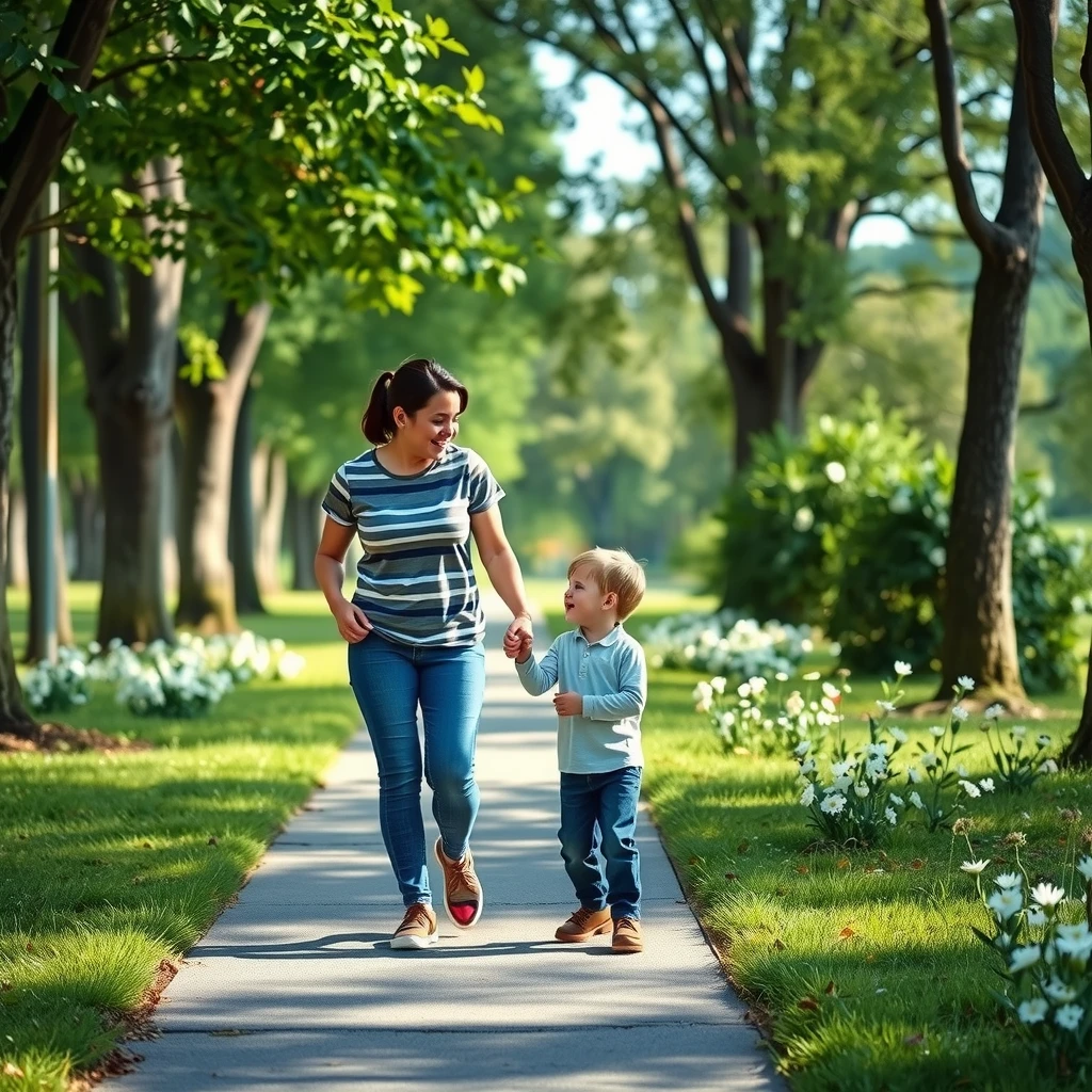 Parent and child enjoying a mindful walk in the park