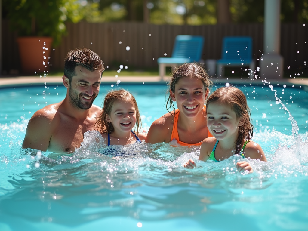 Family swimming in community pool
