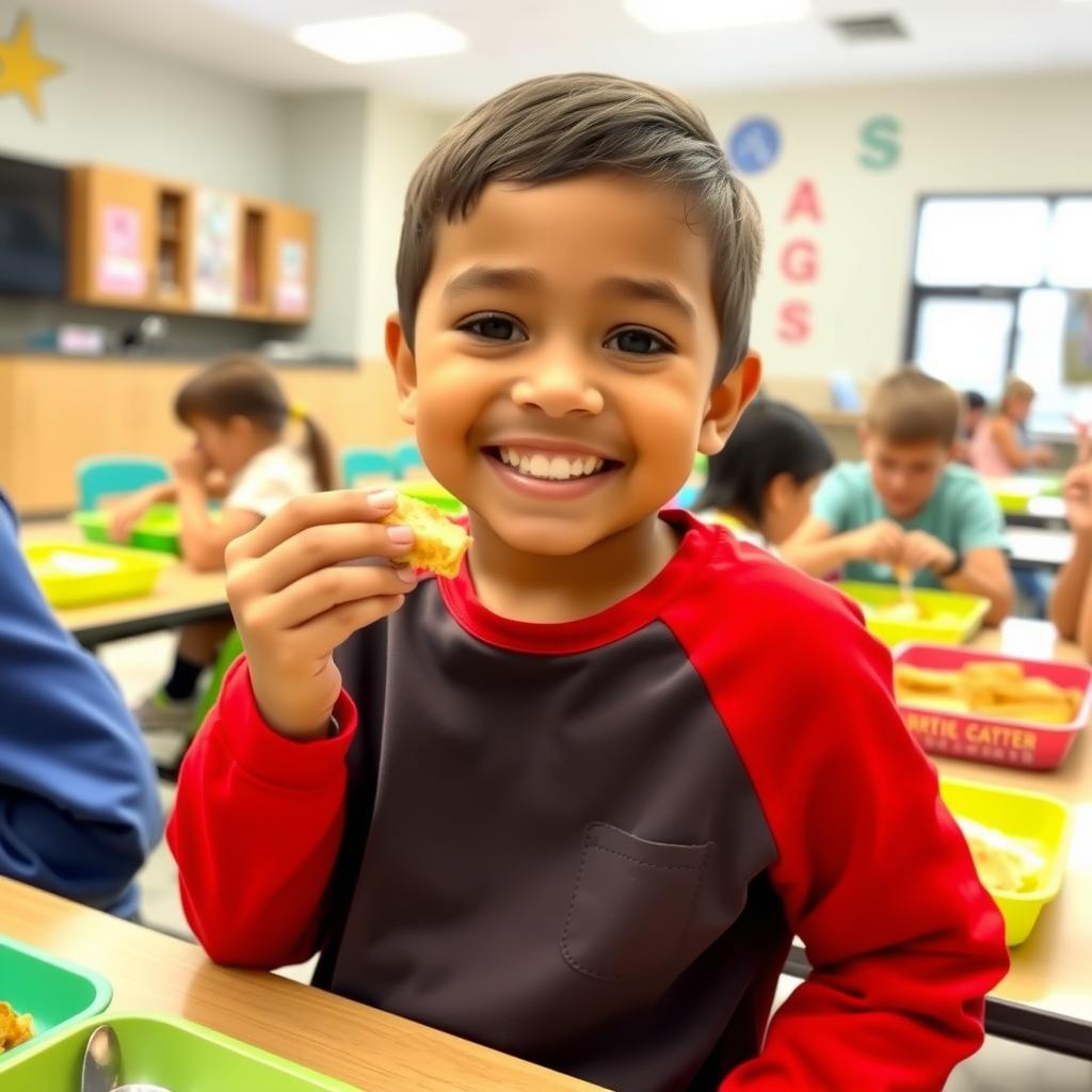 Child with an allergy bracelet eating a safe snack at a school cafeteria.