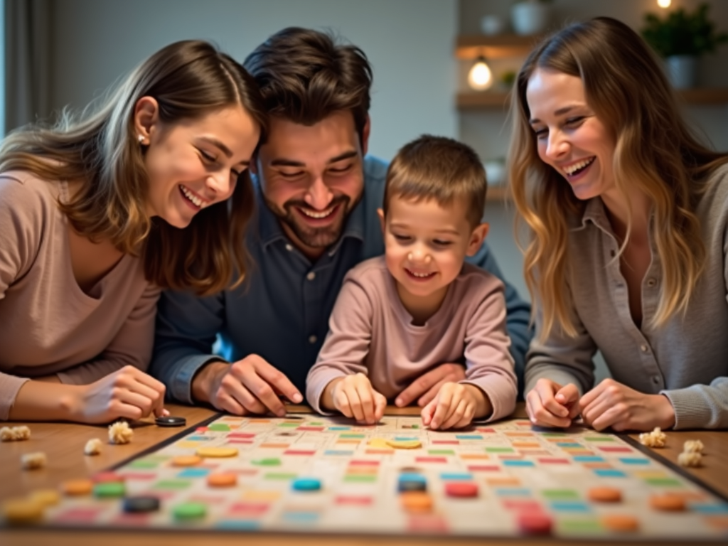 A family bonding over a game, showing the positive impact of therapy on their relationships.