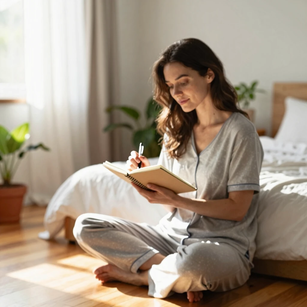 Woman journaling in bed to track energy levels