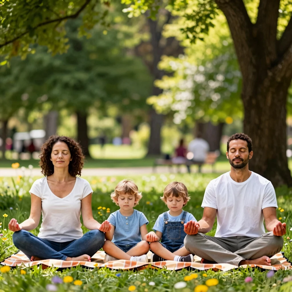Family practicing mindfulness meditation in a peaceful park setting
