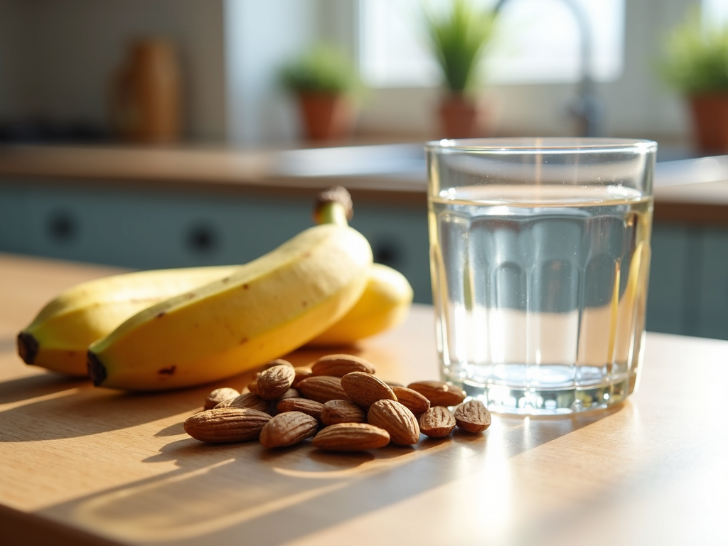 Pre-workout snack with banana, almonds, and water