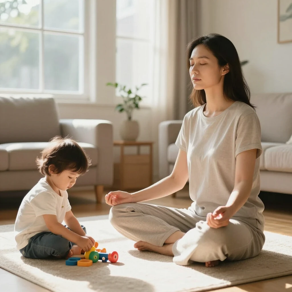 A calm parent meditating while their child plays nearby in a bright living room