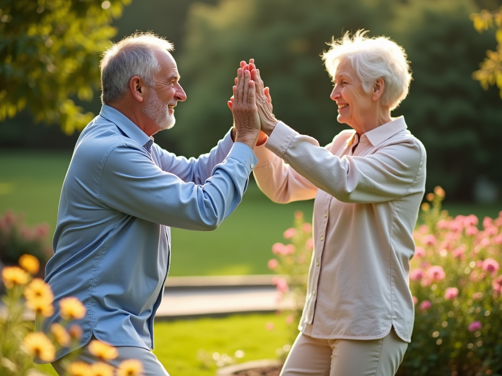 Seniors practicing tai chi in a garden for a low-impact cardio workout.