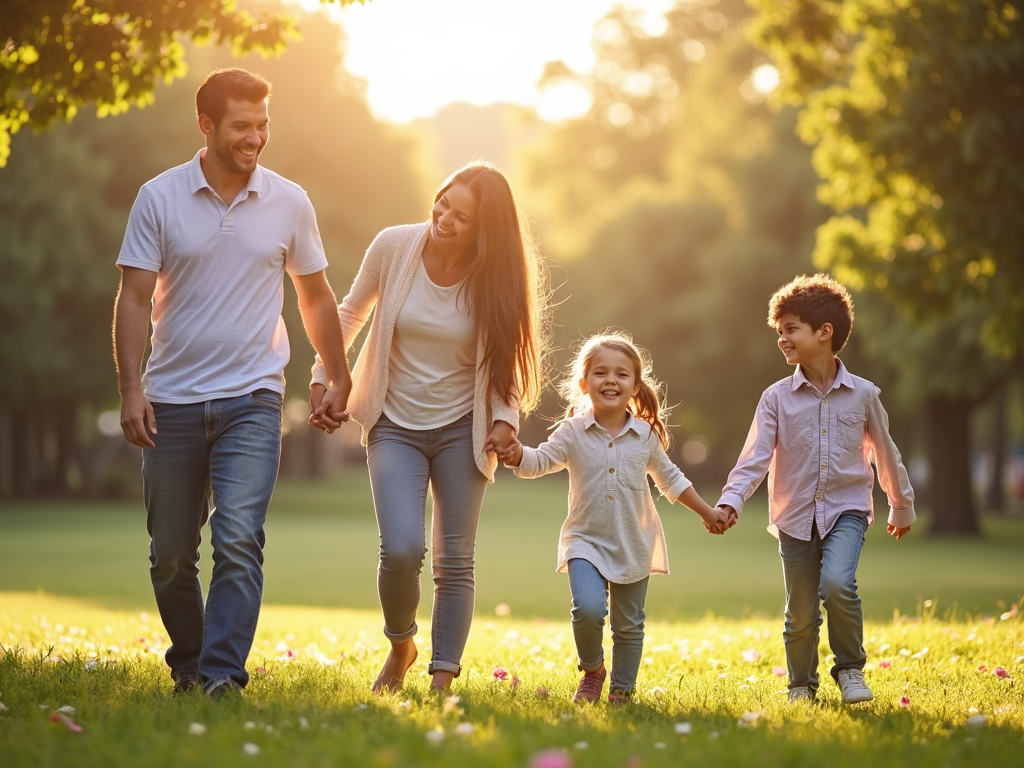 Family walking together in a park.