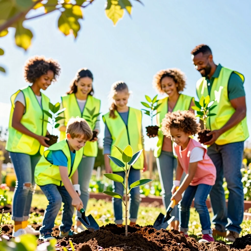 Family joyfully planting trees in a community garden during a volunteer event