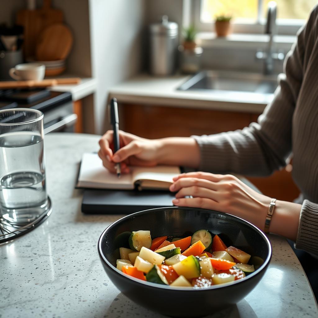 Person writing in a food diary next to a bowl of steamed vegetables on a kitchen counter.