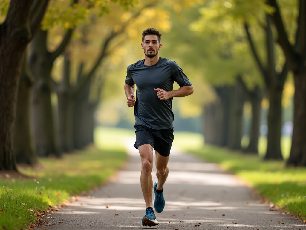 Beginner runner starting their journey with a slow jog in a park.