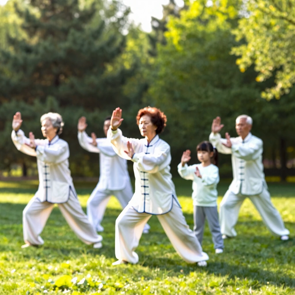Family practicing tai chi in park