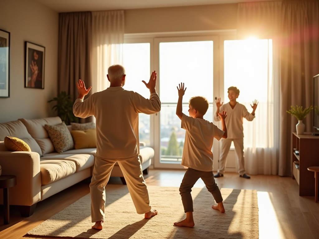 Family practicing Tai Chi together in their living room